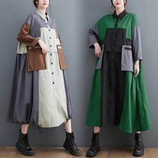 【米蘭精品】現貨+預購 風衣長版外套(撞色寬鬆顯瘦中長款女外套2色74jb28)