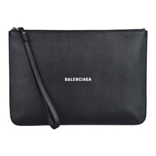 【Balenciaga 巴黎世家】BALENCIAGA LOGO拉鍊小牛皮手拿包(黑)