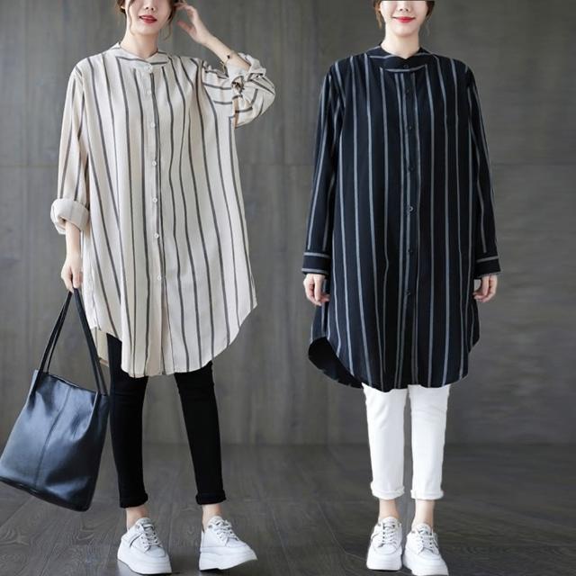 【米蘭精品】現貨+預購 洋裝長袖連身裙(立領單排扣條紋襯衫女裙子5色74jb87)