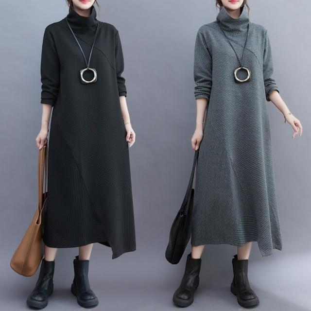 【米蘭精品】現貨+預購 洋裝長袖連身裙(韓系不規則高領長袖女裙子2色74jb88)