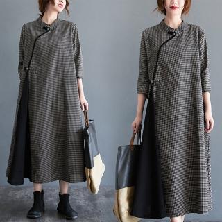 【米蘭精品】現貨+預購 洋裝長袖連身裙(文藝格紋盤扣旗袍女裙子格子色74jb79)