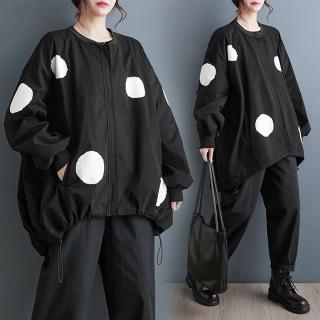 【米蘭精品】現貨+預購 風衣長版外套(不規則波點印花抽繩立領女外套黑色74jb84)