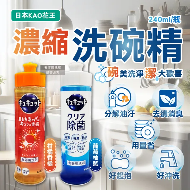 【日本KAO花王】珂珂透CUCUTE去重油汙除漬高效濃縮洗碗精240ml/瓶(食器洗滌清潔劑廚房餐具海綿洗碗洗潔精)