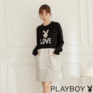 【PLAYBOY】異材質拼接撞色H型洋裝(黑色)