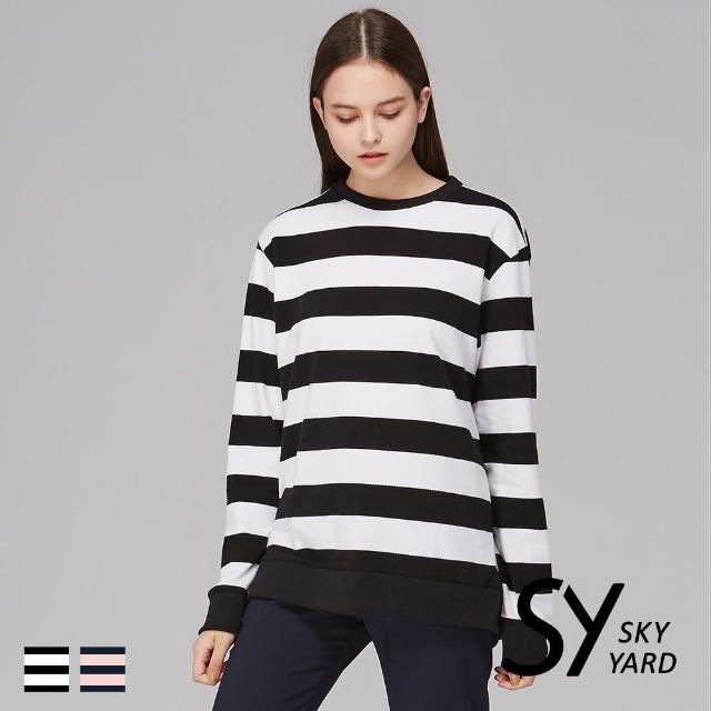 【SKY YARD】粗條紋寬版圓領長袖上衣(黑白)