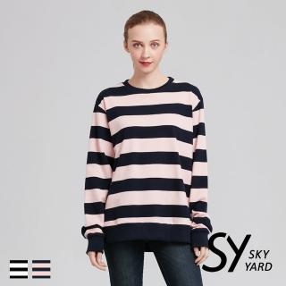【SKY YARD】粗條紋寬版圓領長袖上衣(深藍)