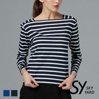 【SKY YARD】純棉條紋方領長袖上衣(深藍)