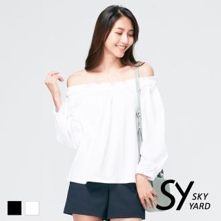 【SKY YARD】一字領抽褶長袖造型上衣(白色)