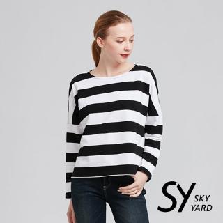 【SKY YARD】粗條紋下擺開岔長袖上衣(黑色)