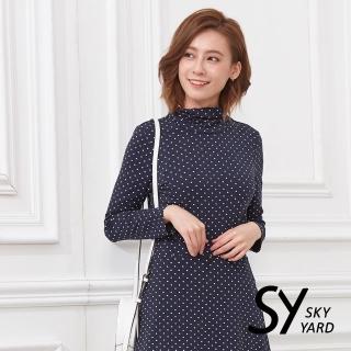 【SKY YARD】水玉點點印花立領長袖上衣(深藍)