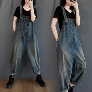 【米蘭精品】現貨+預購 闊腿褲裙(可愛牛仔復古刷色吊帶女長褲藍色74jb42)
