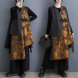 【米蘭精品】現貨+預購 風衣長版外套(重工無袖不規則疊穿女外套黑拼黃色74jb44)