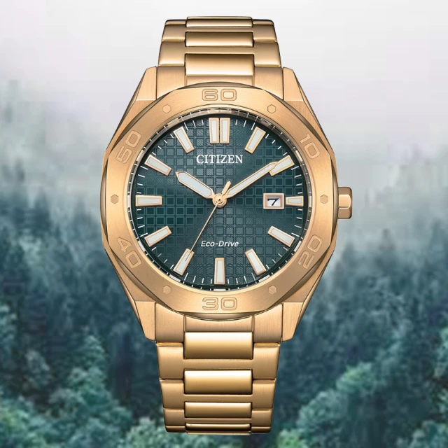 CITIZEN 星辰 GENTS 光動能 八角形 格紋錶盤 時尚男錶-金綠41mm(BM7633-81X)