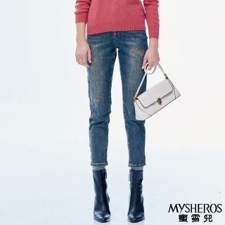 【MYSHEROS 蜜雪兒】棉質造型牛仔褲 鬆緊腰頭 復古刷白 英字貼鑽設計(藍)