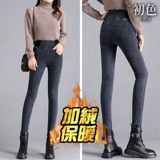 【初色】純色高腰鬆緊腰彈力緊身加絨保暖小腳褲休閒褲長褲牛仔褲-共4色-39456(M-4XL可選)
