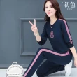 【初色】韓版拼接拉條印花圓領長袖T恤女上衣+中腰直筒褲休閒褲長褲套裝-共4色-39451(M-4XL可選)