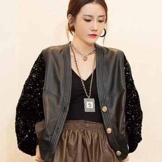【巴黎精品】現貨+預購 皮衣外套真皮夾克(羊皮拼接重工亮片女外套2色a1iw28)
