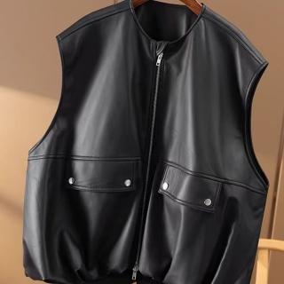 【巴黎精品】現貨+預購 皮衣背心真皮夾克(羊皮寬鬆輪廓輕塗馬甲女外套黑色a1iw2)