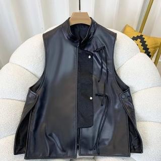 【巴黎精品】現貨+預購 皮衣背心真皮夾克(羊皮顯瘦珍珠盤扣馬甲女外套黑色a1iw9)