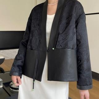 【巴黎精品】現貨+預購 皮衣外套真皮夾克(羊皮中國風提花拼接女外套黑色a1iw14)