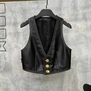 【巴黎精品】現貨+預購 皮衣背心真皮夾克(羊皮復古三粒扣時尚馬甲女外套黑色a1iw8)