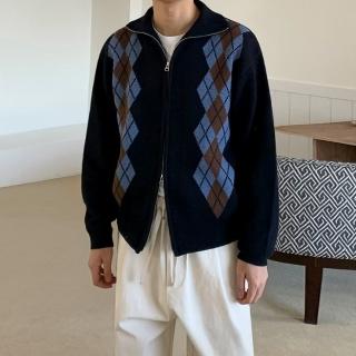 【巴黎精品】現貨+預購 針織外套長袖毛衣(菱格翻領雙拉鏈男外套2色a1io45)