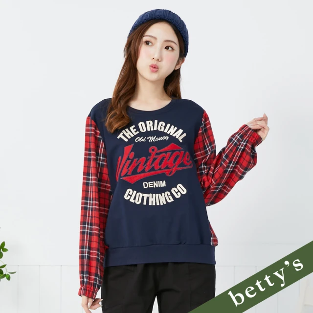 betty’s 貝蒂思 率性字母刺繡拼接格紋上衣(深藍)