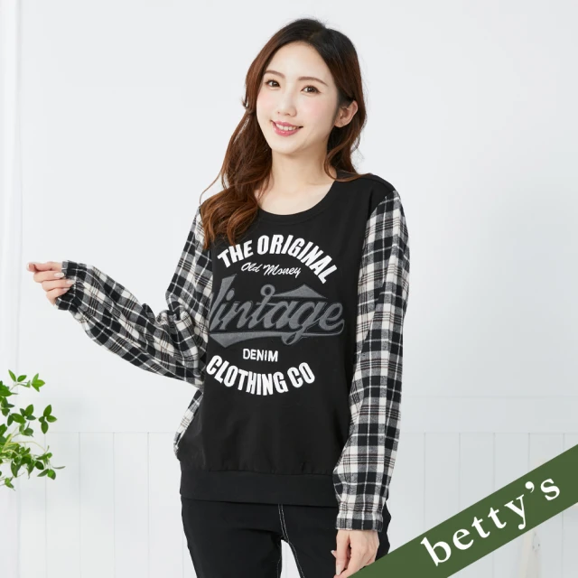 betty’s 貝蒂思 率性字母刺繡拼接格紋上衣(黑色)