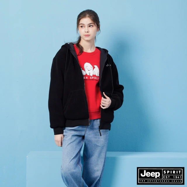 JEEP 北極熊毛絨雙面連帽外套 男女適穿(黑色)