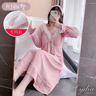 【Lydia】現貨 居家服 睡衣 韓版甜美蕾絲拼接公主風洋裝(藍、粉)