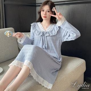 【Lydia】現貨 居家服 睡裙 新款甜美公主風蕾絲花邊設計中長裙洋裝 睡衣(綠、藍、紫)