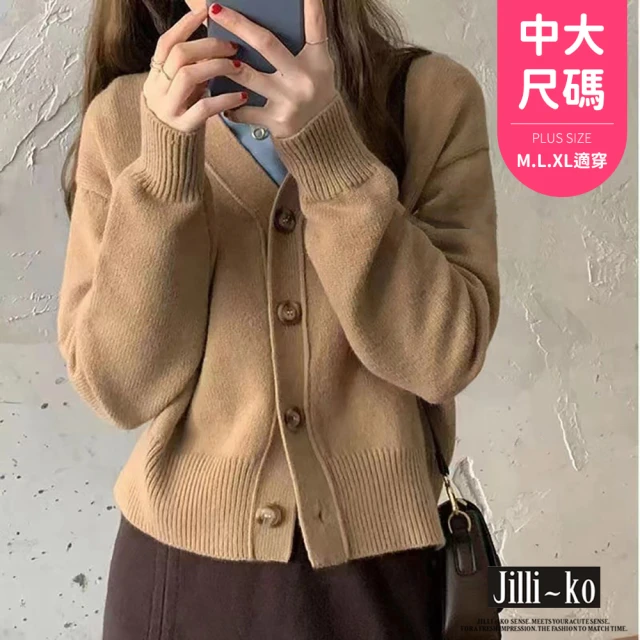 JILLI-KO 高級感開扣毛衣外套女寬鬆百搭針織上衣-F(卡/黑/紫)