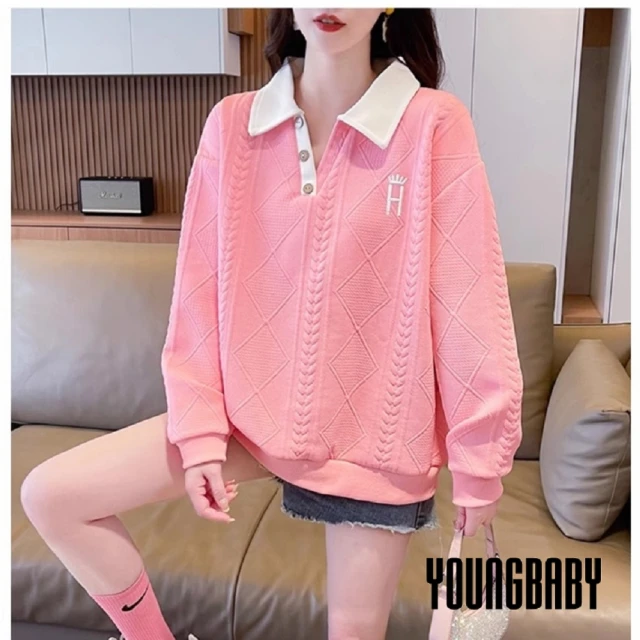 YOUNGBABY 刺繡皇冠撞色立體菱格加絨POLO上衣 中大尺碼女裝