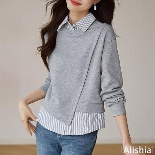 【Alishia】經典拼接條紋假兩件長袖女襯衫 女上衣 M-2XL(灰色)