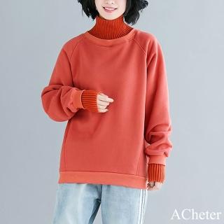【ACheter】加絨加厚假兩件高領長袖寬鬆大碼百搭顯瘦中長上衣#123582(橘/綠)