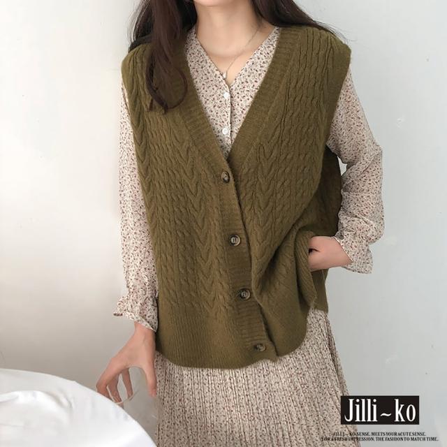 【JILLI-KO】復古無袖針織馬甲開衫女寬鬆V領毛衣-F(白/綠)