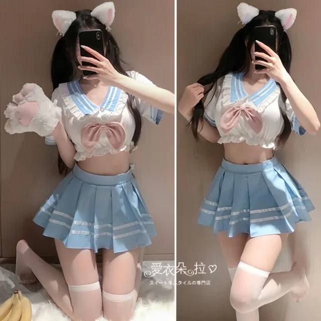 【愛衣朵拉】水手服 可愛小蘿莉 白色短上衣 水藍色萌系百摺裙(角色扮演套裝制服)