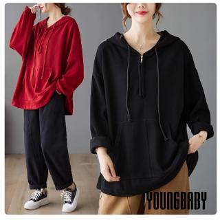 【YOUNGBABY】前開拉鍊連帽口袋中長版織衣上衣 中大尺碼女裝