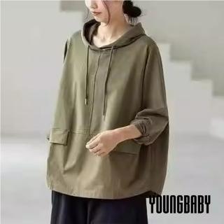 【YOUNGBABY】後開叉下拼接連帽垂繩織衣上衣 中大尺碼女裝