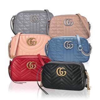 【GUCCI 古馳】447632 經典Marmont 24cm系列仿舊LOGO牛皮拉鍊肩背斜背相機包(顏色任選)