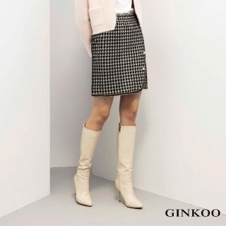 【GINKOO 俊克】千鳥格紋珍珠釦針織短裙
