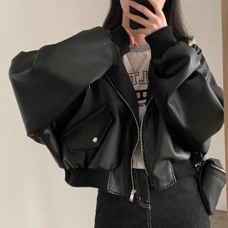 【D.studio】韓版復古寬鬆假兩件皮衣外套(連帽外套女裝衣上衣保暖外套 保暖上衣冬天外套皮外套 J375)