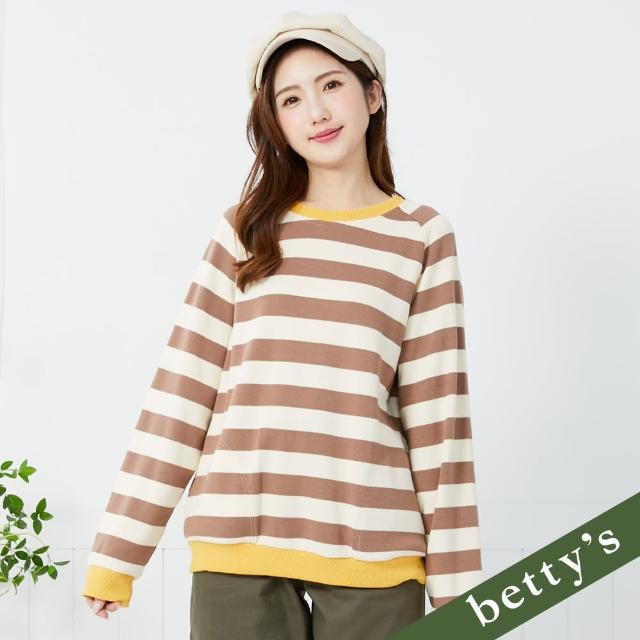 【betty’s 貝蒂思】條紋前後撞色拼接落肩T-shirt(咖啡)