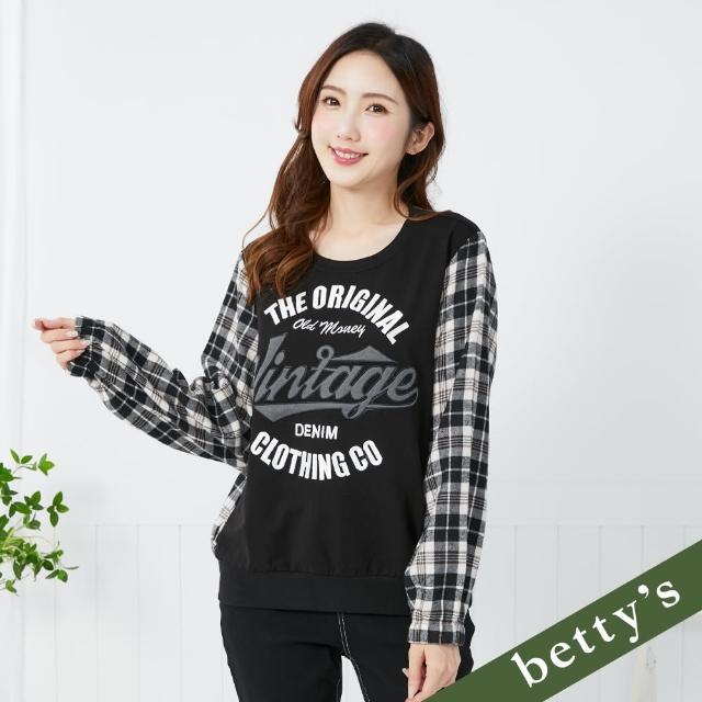 【betty’s 貝蒂思】率性字母刺繡拼接格紋上衣(黑色)