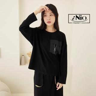 【iNio 衣著美學】長袖上衣 現貨 拉鍊口袋 拼接 圓領 長袖棉T CDW1732