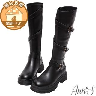 【Ann’S】超直鉛筆腿-超顯瘦個性三釦真皮牛皮厚底及膝長靴5cm(黑)