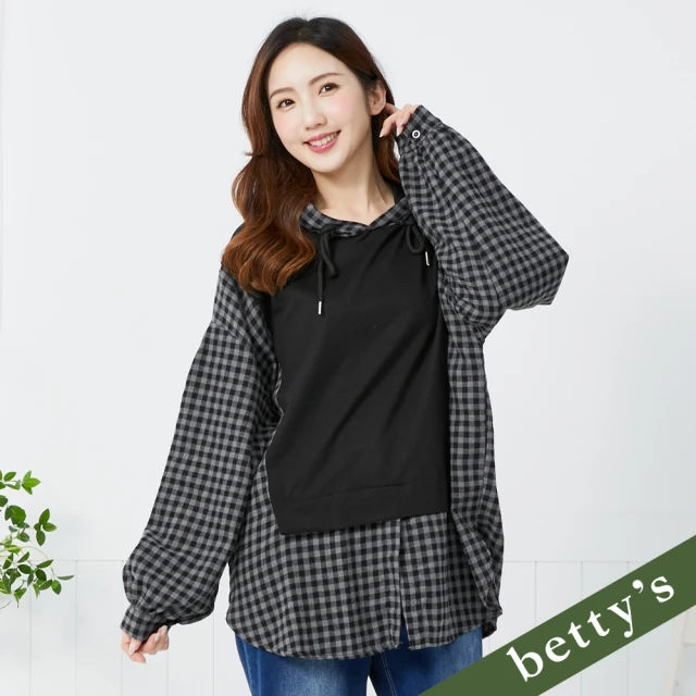 betty’s 貝蒂思 格紋拼接連帽長袖T-shirt(中灰)