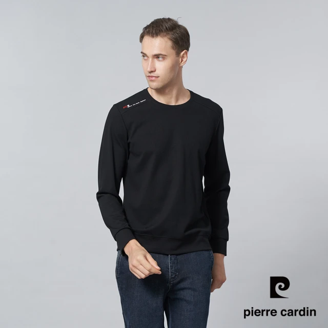 pierre cardin 皮爾卡登 商務休閒 男款 素色圓領長袖上衣-黑色(5245260-99)