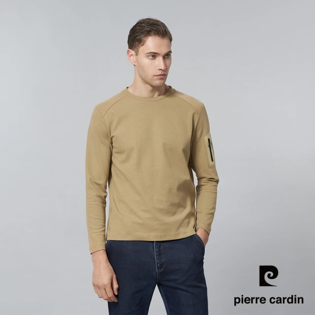 pierre cardin 皮爾卡登 商務休閒 男款 素色圓領長袖上衣-卡其色(5245261-85)