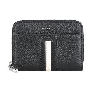 【BALLY】BALLY Ribbon燙印LGOO條紋小牛皮4卡拉鏈零錢包(黑x黑白黑條紋)